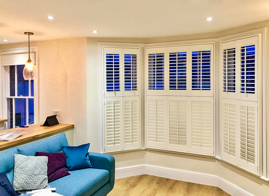 Shuttercraft Suffolk Bay Window White Shutters Centre Tilt