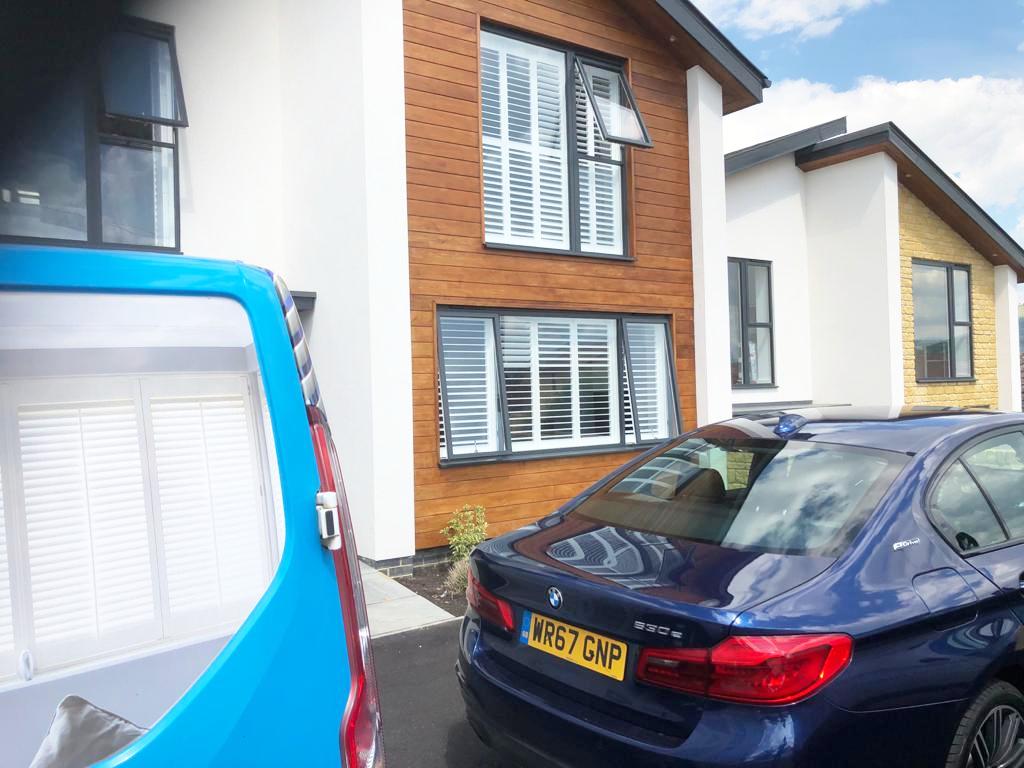 Shuttercrsft Gloucestershire New build in Cheltenham Pure white in Cuba with 76mm louvres silent tilt (1)