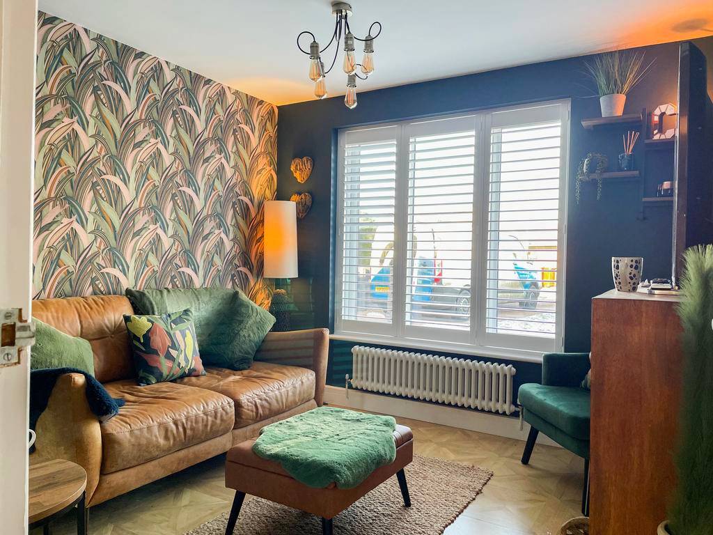 window shutter ideas with wallpaper