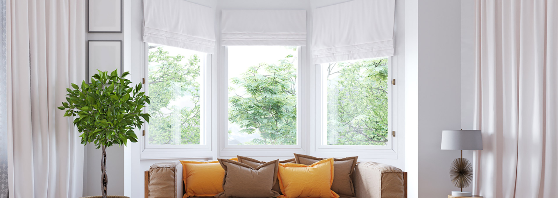 roman blinds in bay window with furniture