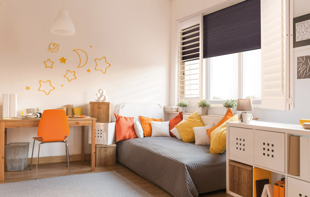 orange childs bedroom with blind and shutters