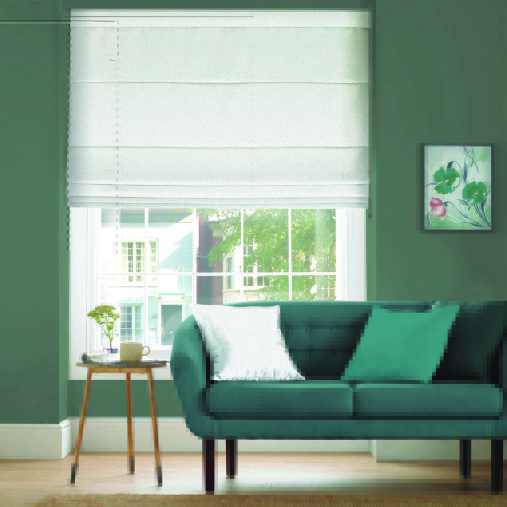 roman blinds in green living room