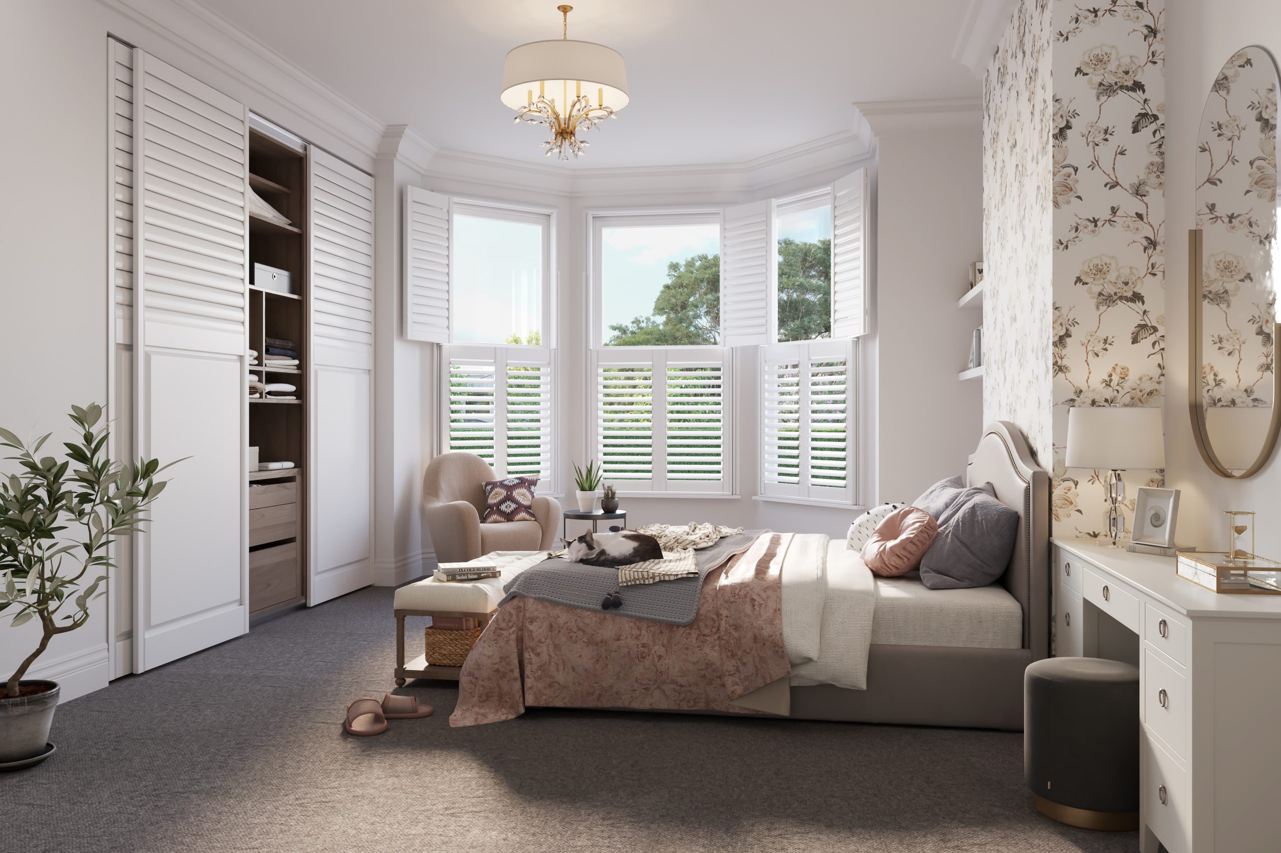 Image of a bedroom with shutters on the windows.
