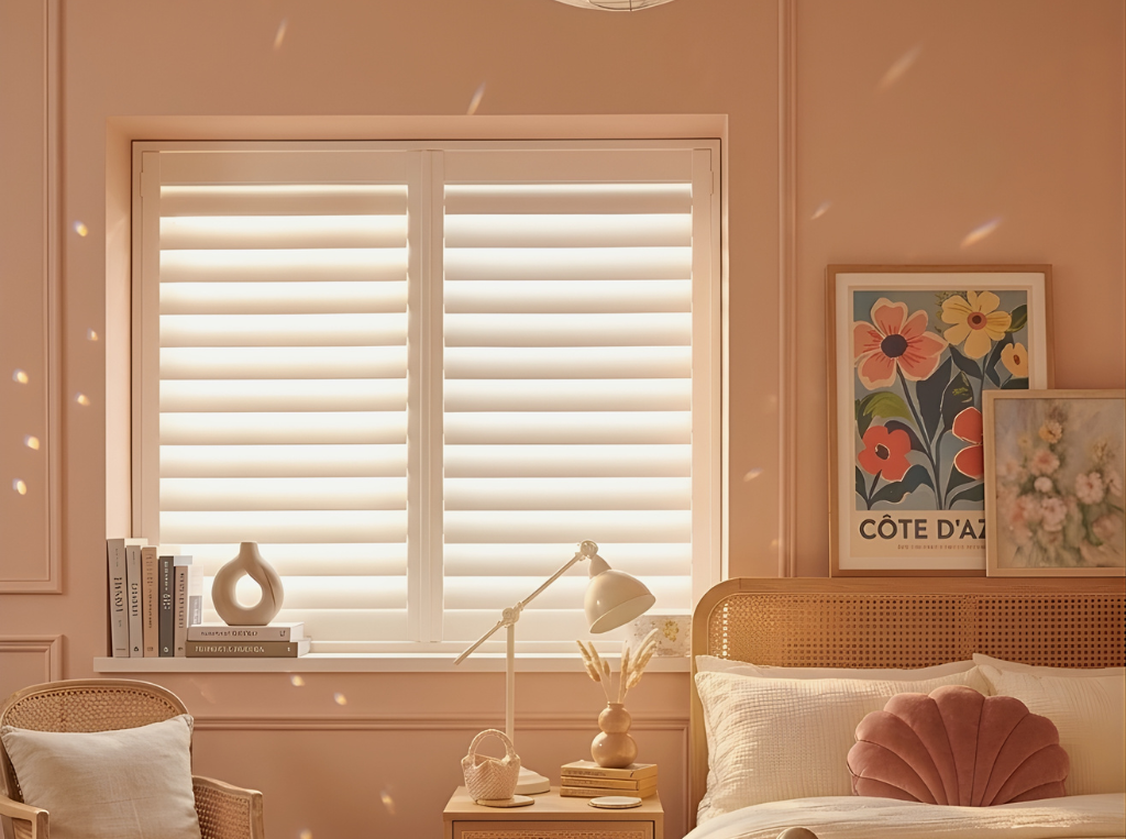 White Full Height Pink Bedroom Shutters