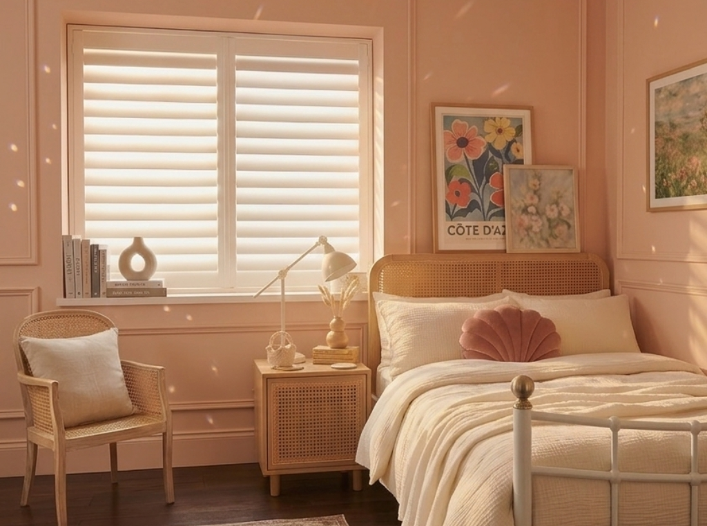 White Full Height Pink Bedroom Shutters