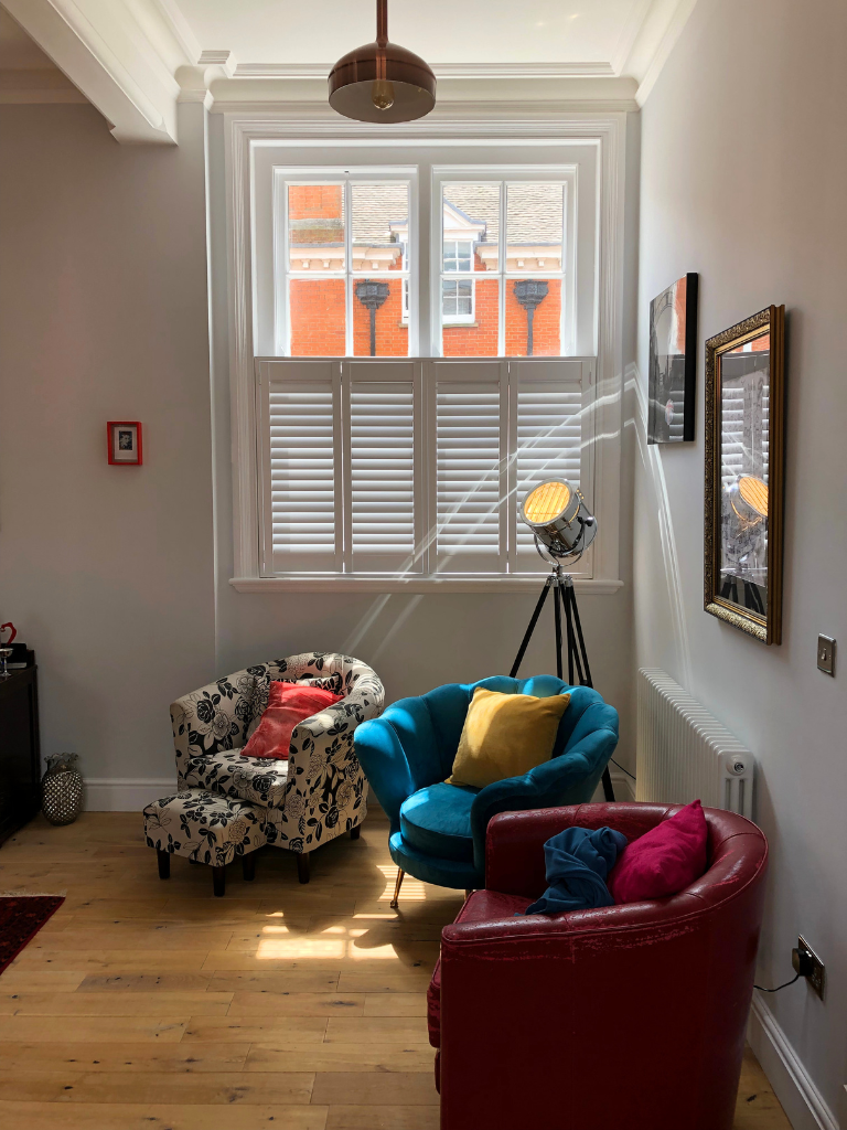 Cafe Style White Living Room Shutters